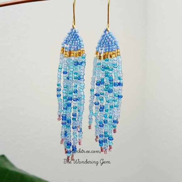 Boho Beaded Fringe Cascade Shoulder Duster Dangle Earrings, Blue & Gold 3.5" - Picture 9 of 10